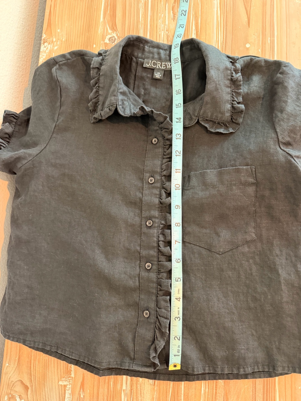 J. Crew Black 100% Linen Ruffle Trim Short Sleeve Button Up Shirt (Size XS) - Picture 11 of 11